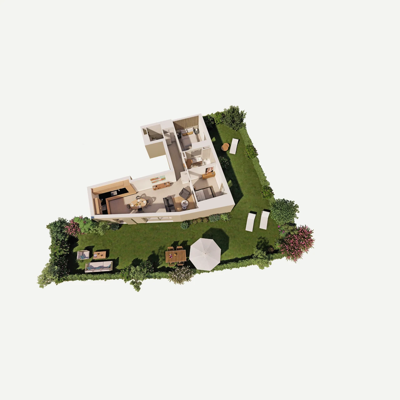 Plan 3D du lot 01 : 3 pièces de 70,55 m² en rez-de-jardin, jardin de 170,10 m²