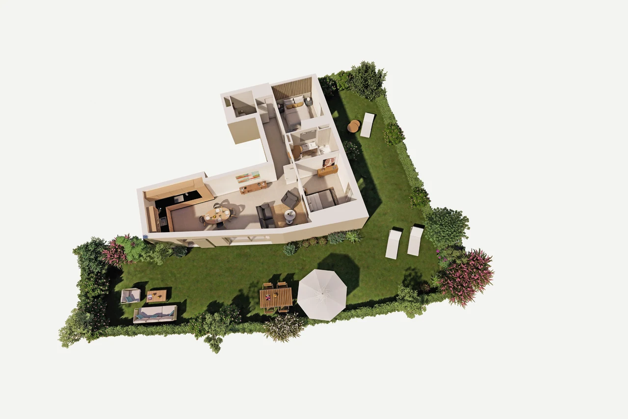 Plan 3D meublé du lot 01 : séjour-cuisine, deux chambres et jardin en L