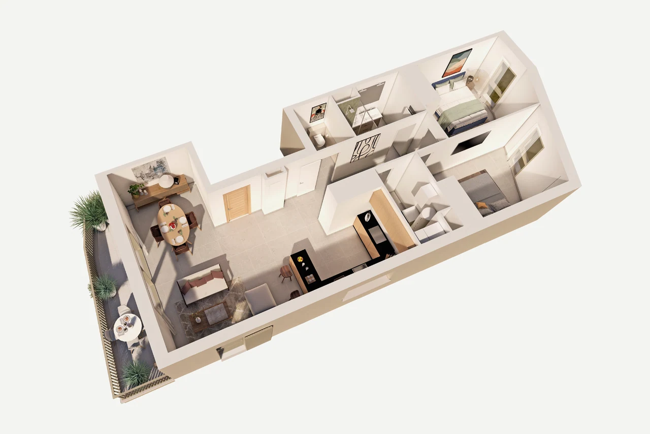 Plan 3D meublé du lot 11 : séjour-cuisine, deux chambres et terrasse