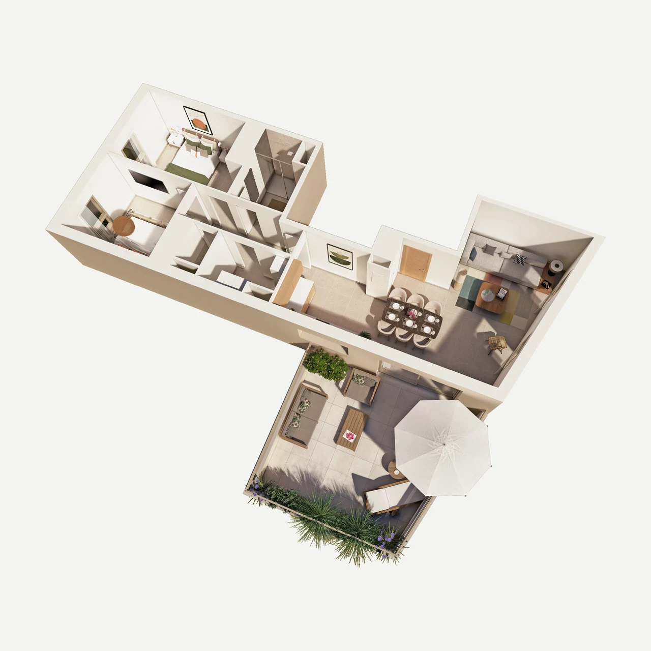 Plan 3D du lot 12 : 3 pièces de 69,84 m² au 1er étage, terrasse de 25,24 m²