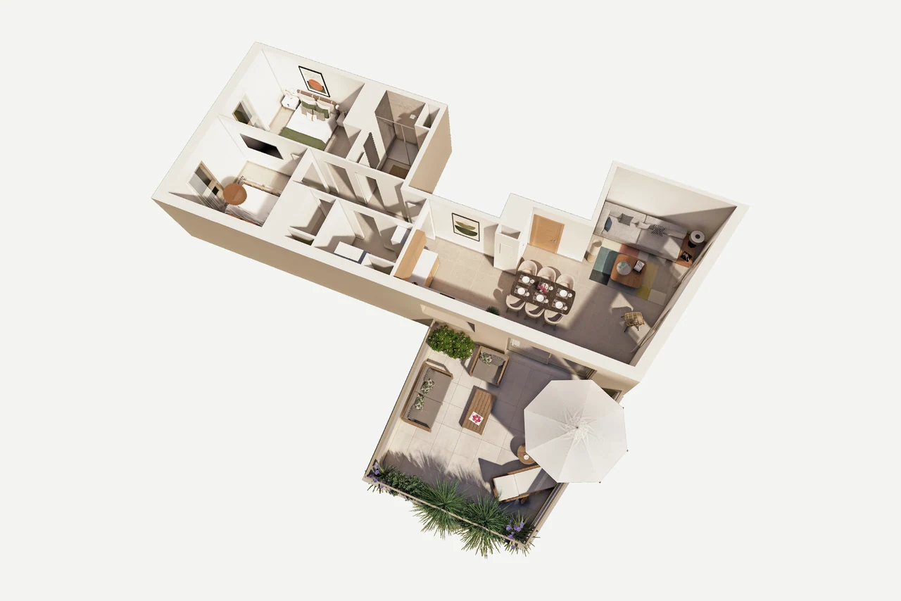 Plan 3D meublé du lot 12 : séjour-cuisine, deux chambres et grande terrasse meublée