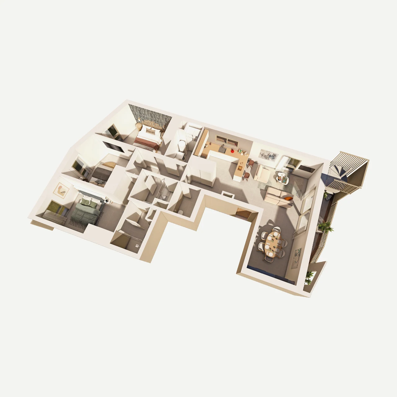 Plan 3D du lot 21 : 4 pièces de 100,51 m² au 2e étage, terrasse de 10,15 m² et rooftop de 55,68 m²