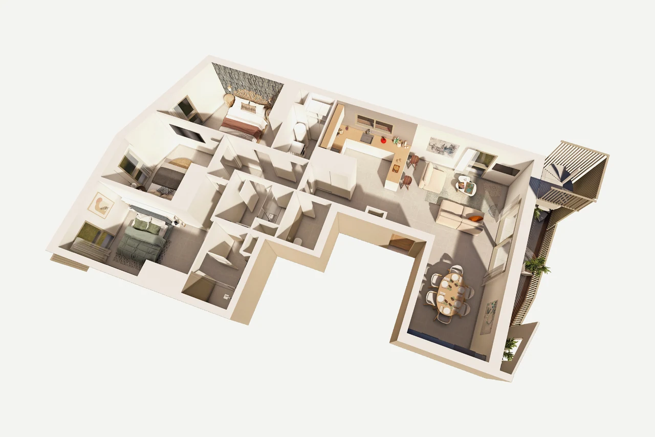 Plan 3D meublé du lot 21 : séjour-cuisine, trois chambres et terrasse avec l'escalier du toit