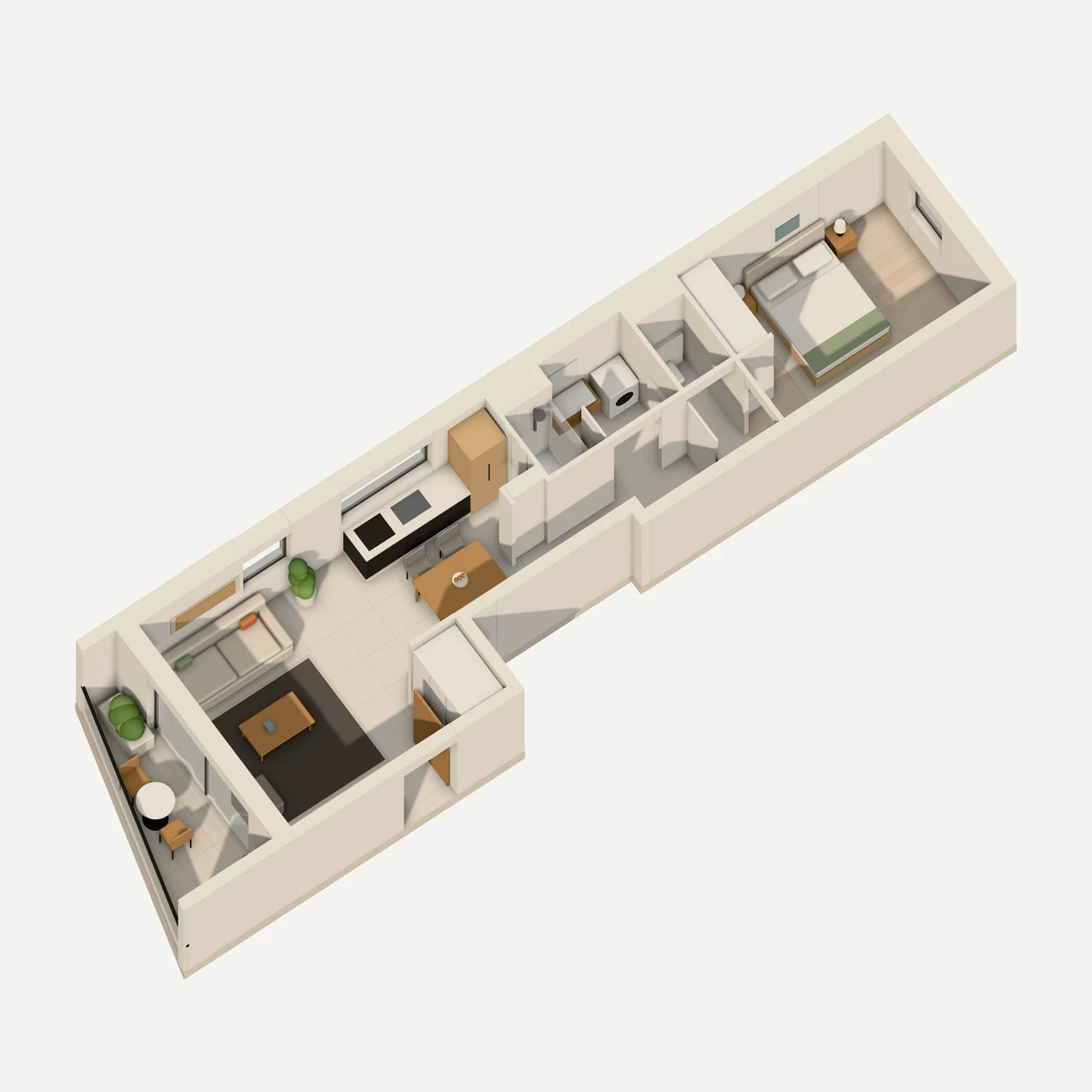 Plan 3D du lot 22 : 2 pièces de 42,12 m² au 2e étage, terrasse de 5,20 m²