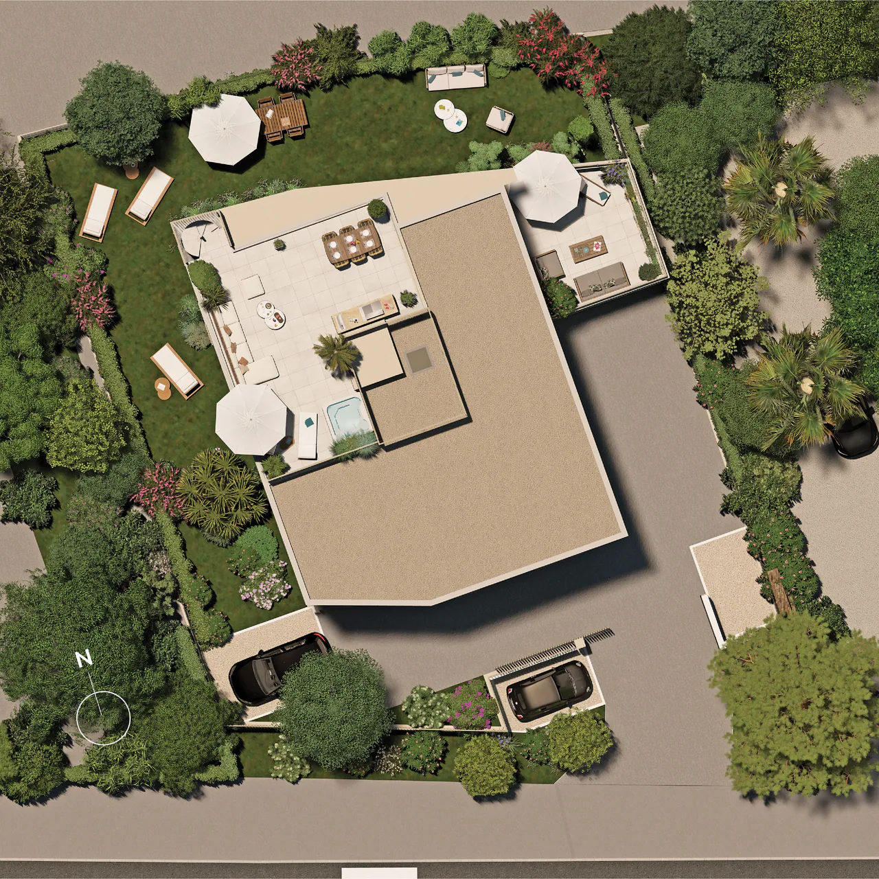 Plan de masse de Villa Oria vu du ciel : la résidence, le rooftop, les terrasses, le jardin en L, les accès et les stationnements