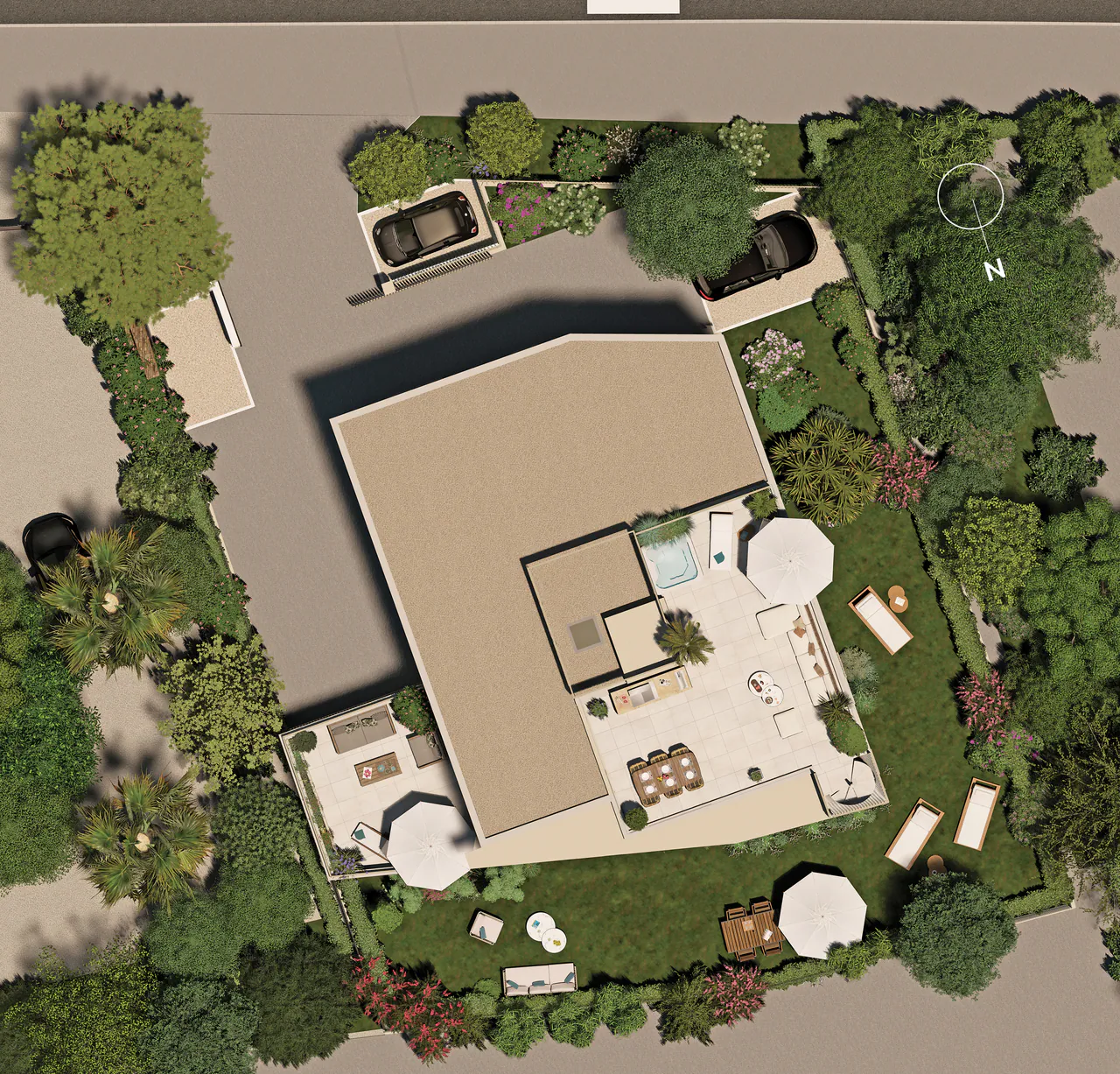 Plan de masse de Villa Oria vu du ciel : la résidence et son rooftop, les jardins, les terrasses et les places de stationnement