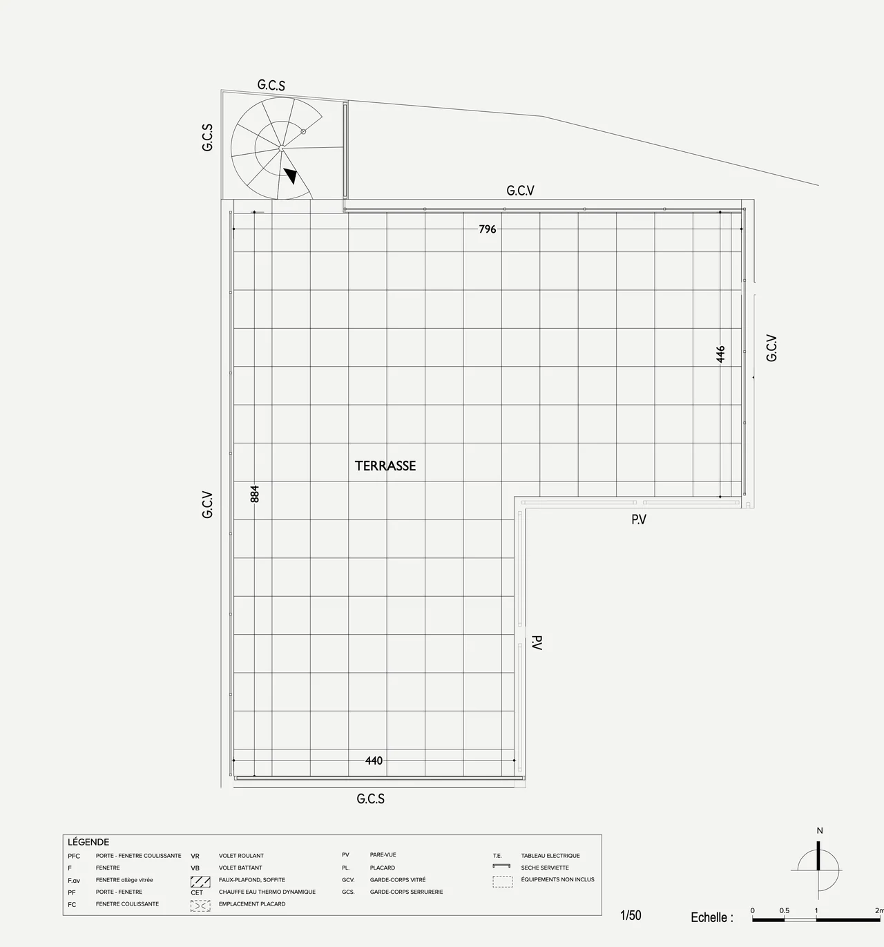 Plan du toit-terrasse du lot 21 : terrasse en L de 55,68 m² et escalier hélicoïdal