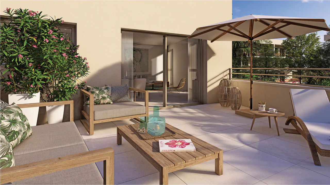 Terrasse meublée dans le prolongement du séjour